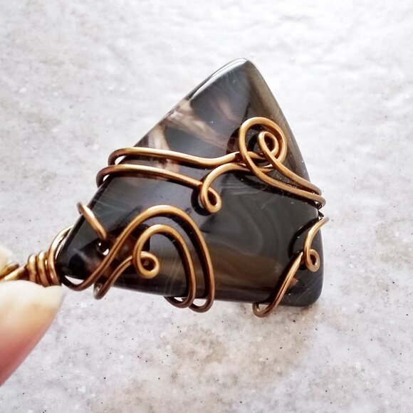 Handmade & Unique! Swirly Black Coffee! Wire Wrapped Banded Brown Agate Pendant - Picture 6 of 7